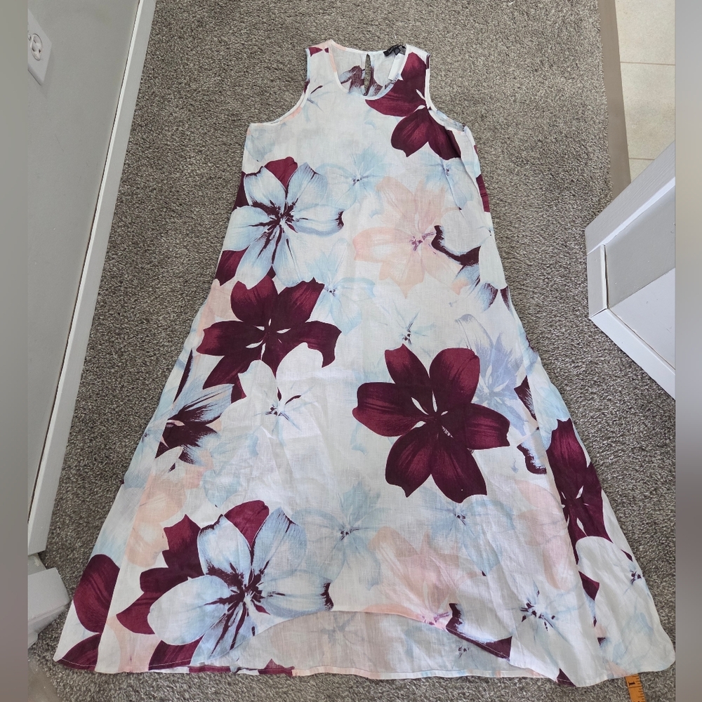Lord & Taylor 100% Linen Floral 🪻 High-Low Midi Dress Sz S Boho-Chic Coastal
